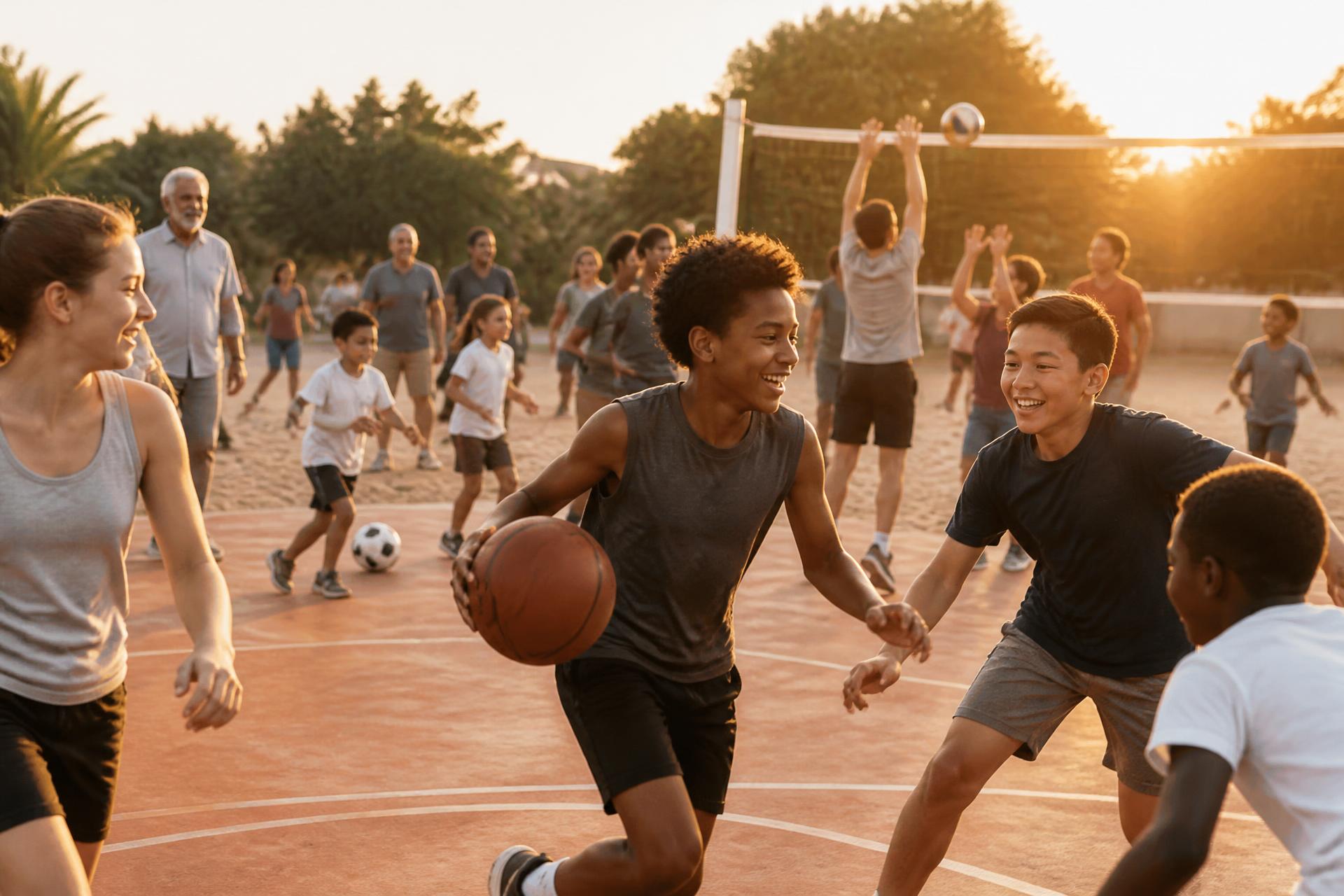 Enfants, adolescents et familles de toutes origines jouant ensemble sur un terrain en fin de journée